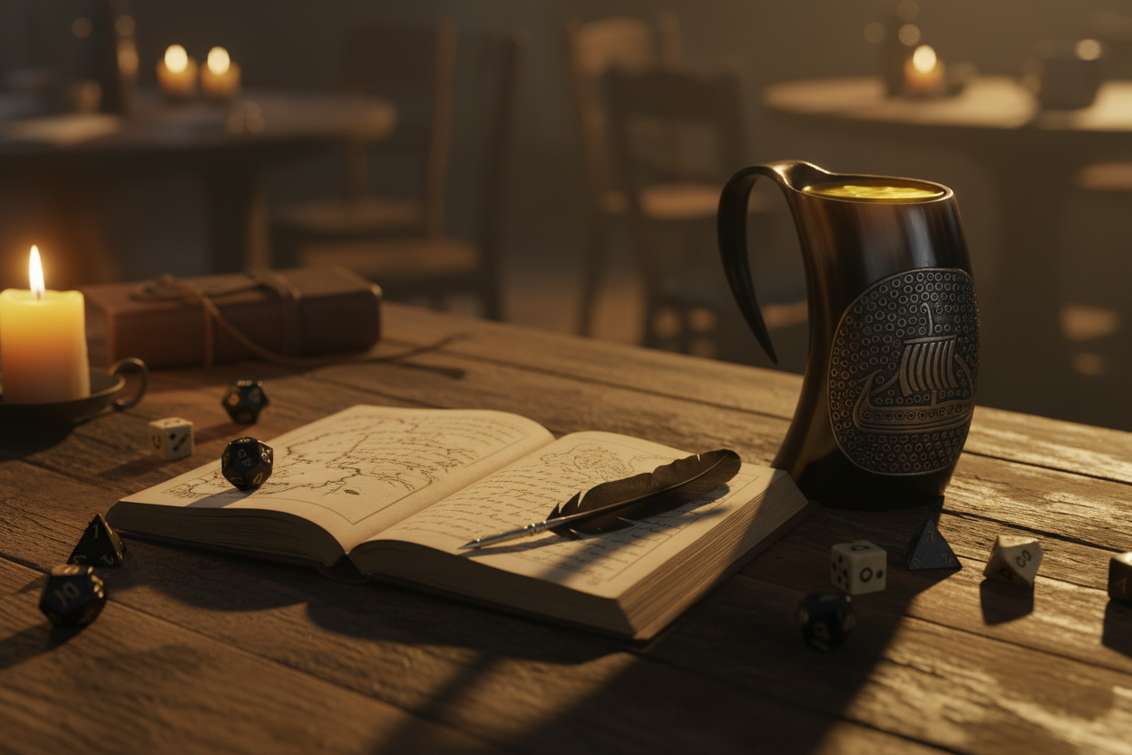 DND tavern setup with journal, dice, and tankard