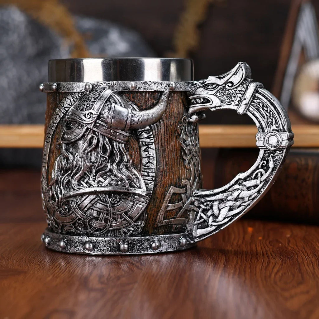 Viking-themed Valhalla's Vessel tankard with intricate Norse designs and stainless steel interior