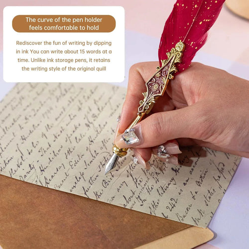 Retro feather dip pen with authentic goose feather and six stainless steel nibs in multiple colors for calligraphy and artful writing