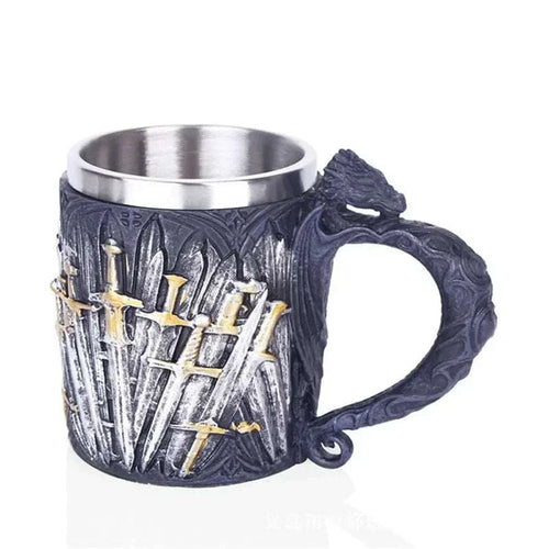 Runecaster's Stein Viking tankard with intricate runic carvings and dragon head design in resin and stainless steel