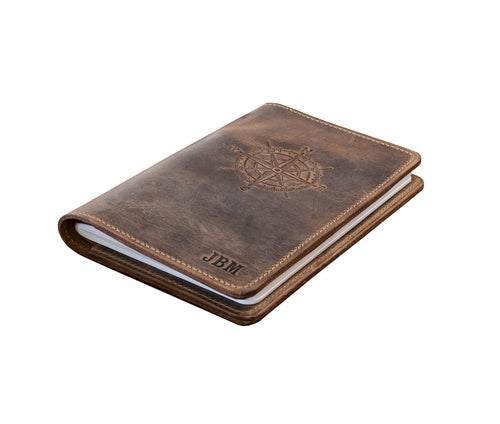 The Chronicler's Tome genuine American full-grain leather journal with fire branding and storage pockets