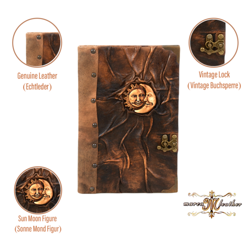 The Mystic's Grimoire leather journal with sun and moon embossing for spiritual journaling
