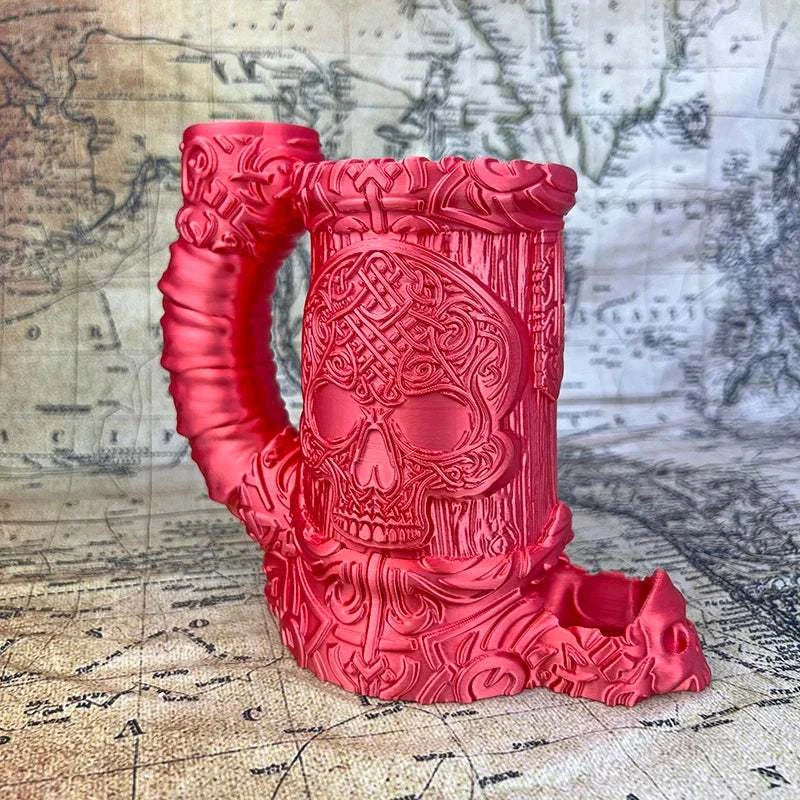 Gothic skull Necromancer's Cup serving as a dice tower and drinking mug for dark fantasy gaming fans