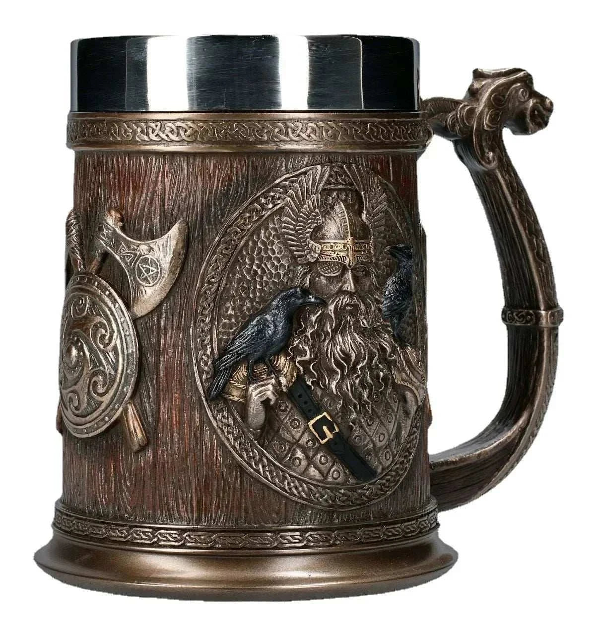 The Allfather's Tankard Viking-style resin tankard with Norse designs and stainless steel interior
