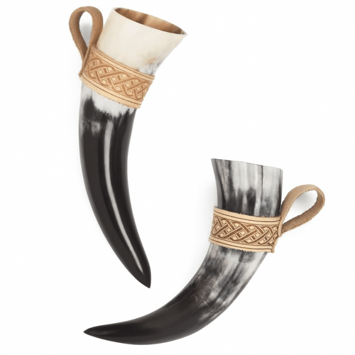 The Shieldbrothers Horns authentic Viking drinking horns with leather straps, set of two for brotherhood and celebration